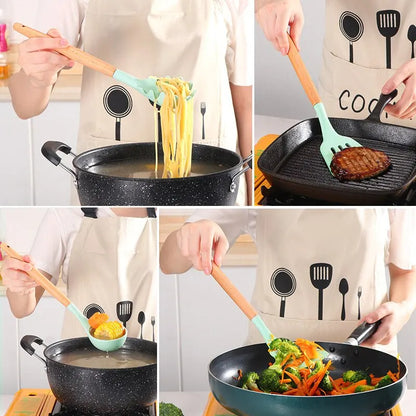 12Pcs Kitchenware Set Wooden Handle Non Sticky & High Temperature Resistant